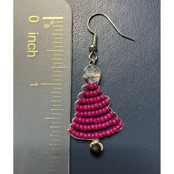 Beaded Fuscia Tree Earrings Holiday Christmas Winter Earrings - Picture 3 of 5
